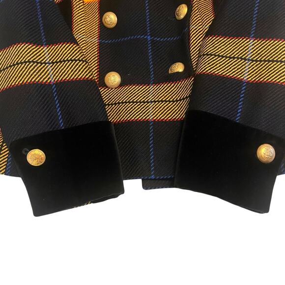 Vintage Mondi Yellow & Black Wool Plaid Double Breasted Blazer Gold Buttons USA - Picture 7 of 10